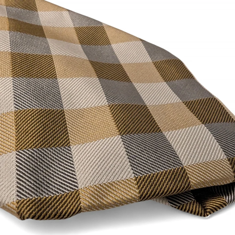 LANDS END Vintage Silk Tie Long Tan Cream Check Necktie Classic